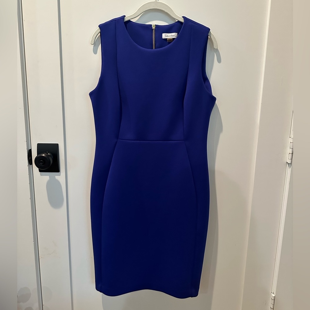 Calvin Klein Sleeveless Sheath Dress | Size 12 | Royal Blue with Gold zipper